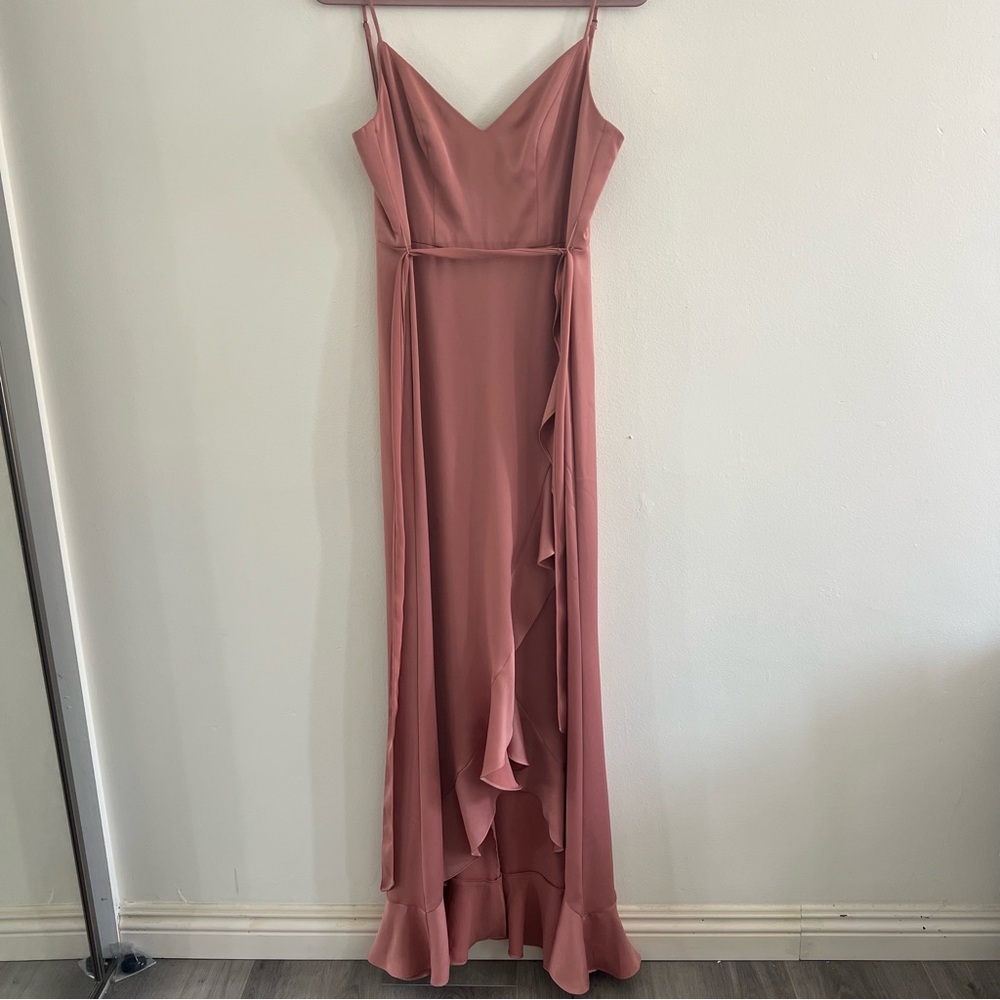 David's Bridal Pink Asymmetrical Ruffled Maxi Dress